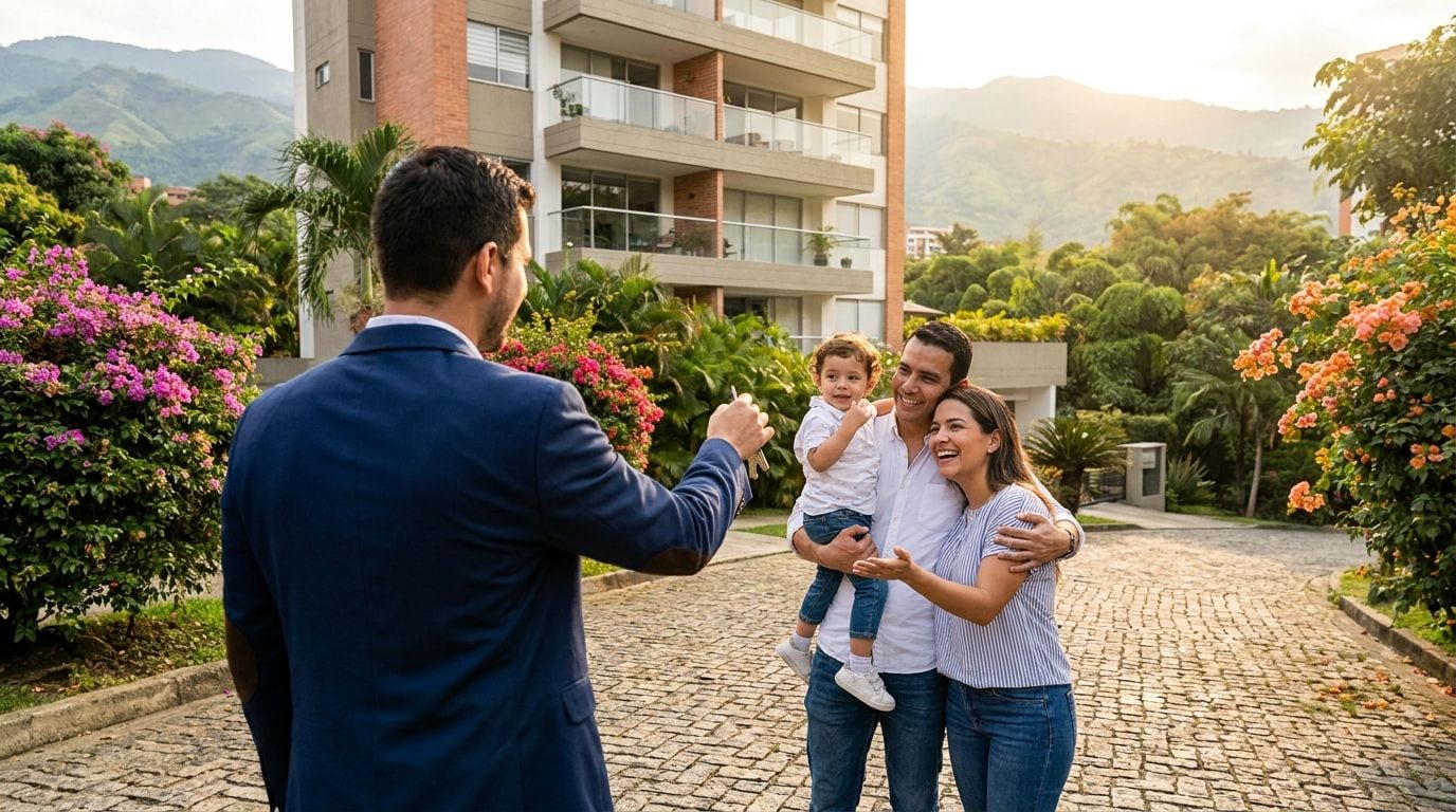 Un asesor de Volvé entrega las llaves de su nueva vivienda a una familia colombiana frente a su edificio